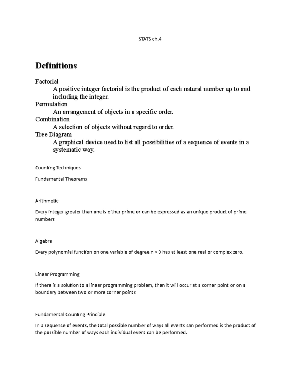 Statistics chapter 4 - STATS ch Definitions Factorial A positive ...