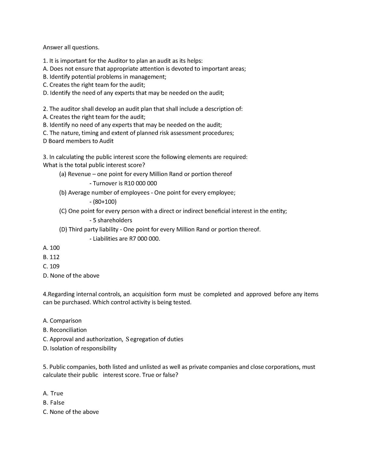 Revision AUE1501 - Notes - Answer all questions. It is important for ...