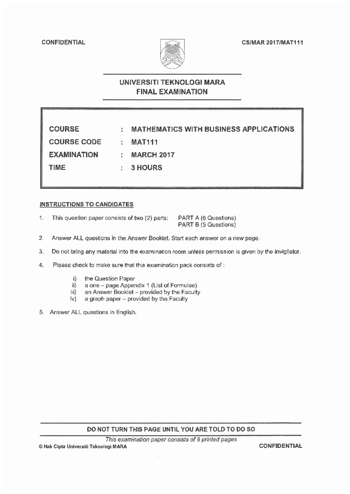 MAT111 - final exam - Business in Mathematics - Studocu