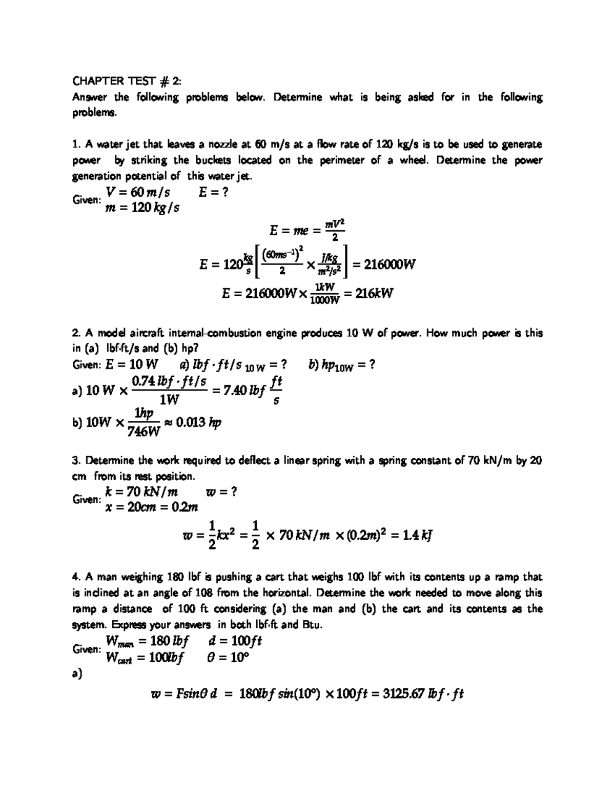 Chapter 2 Introduction to Thermodynamics - CHAPTER TEST # 2: Answer the ...