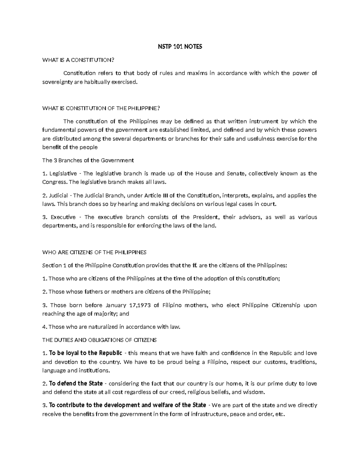 NSTP 101 Notes - 1st year - NSTP 101 NOTES WHAT IS A CONSTITUTION ...