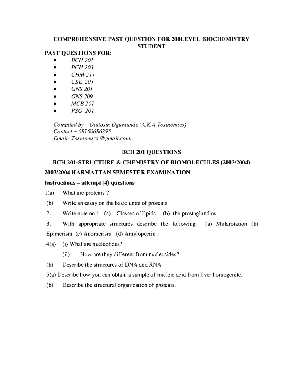 BCH 201 Questionscomplete 02-1 - COMPREHENSIVE PAST QUESTION FOR ...