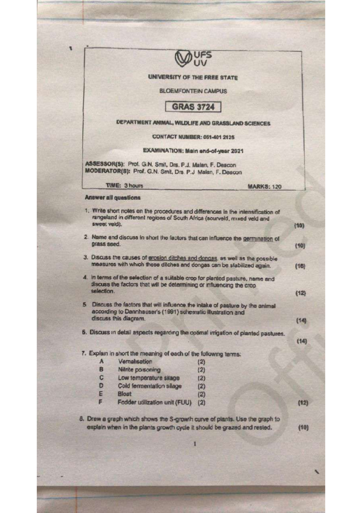 Gras3724 exam paper 2021 - UFS UV UNIVERSITY OF THE FREE STATE ...