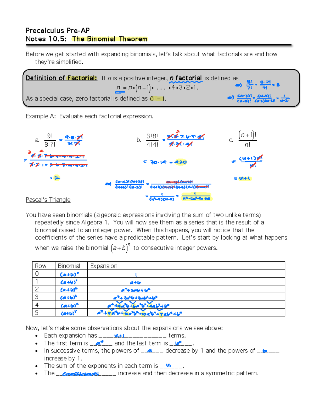 Notes+10 - Review - Precalculus Pre-AP Notes 10: The Binomial Theorem ...