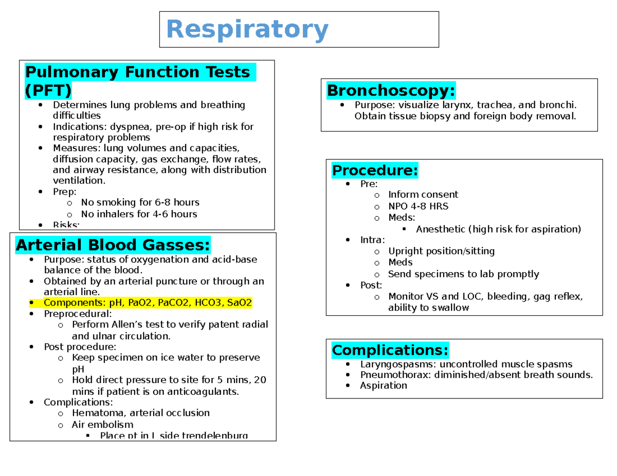 Respiratory Diagnostic Tests Study Guide - Respiratory Pulmonary ...