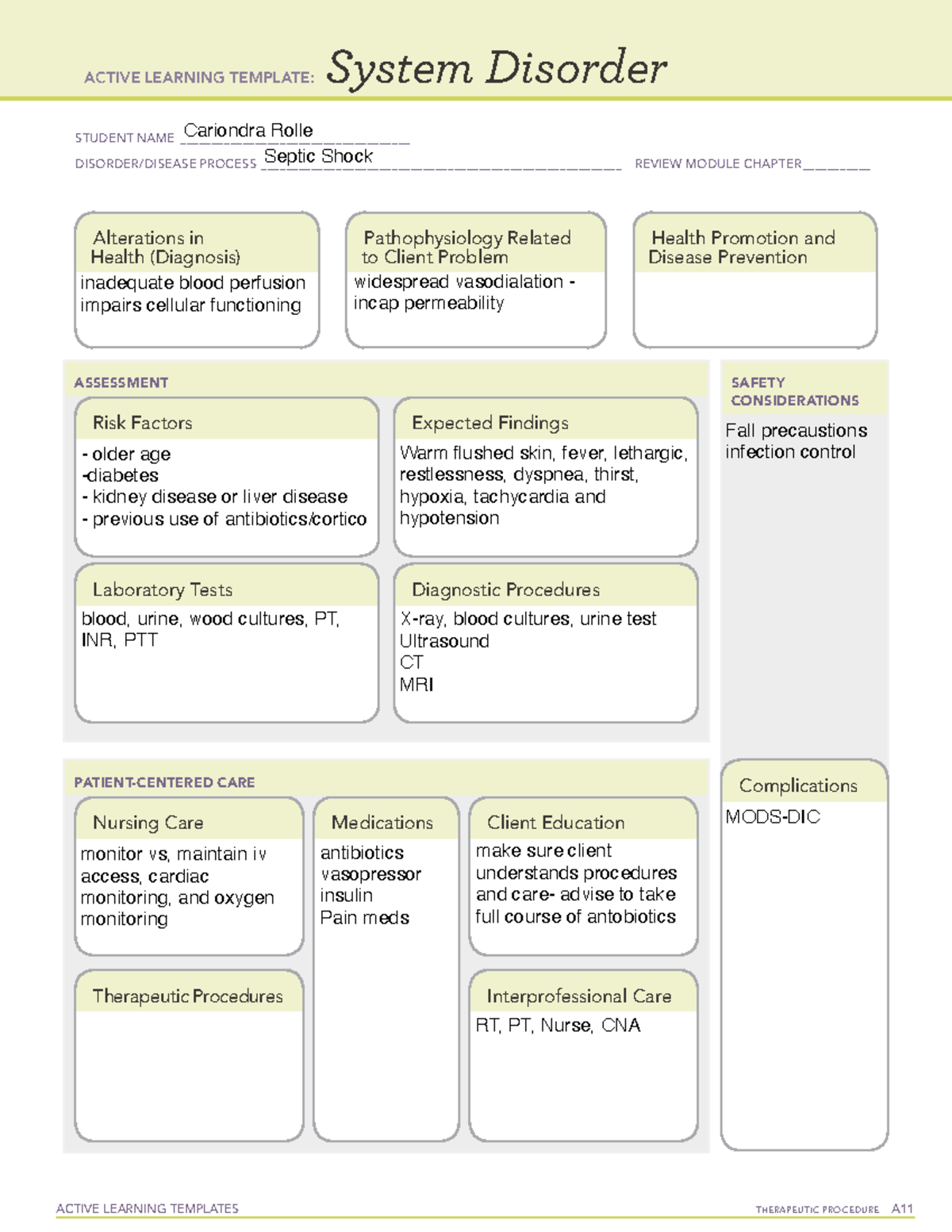 Septic shock system disorder sheet ACTIVE LEARNING TEMPLATES