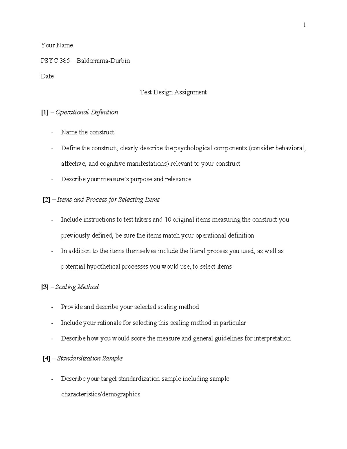 PSYC385-Test Design Assignment Outline - 1 Your Name PSYC 385 ...