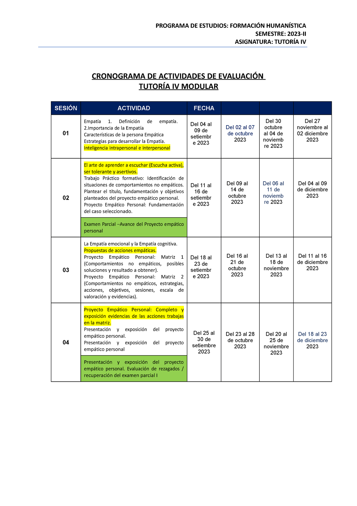 Cronograma DE Actividades 2023-II Tutoría Modular - PROGRAMA DE ...