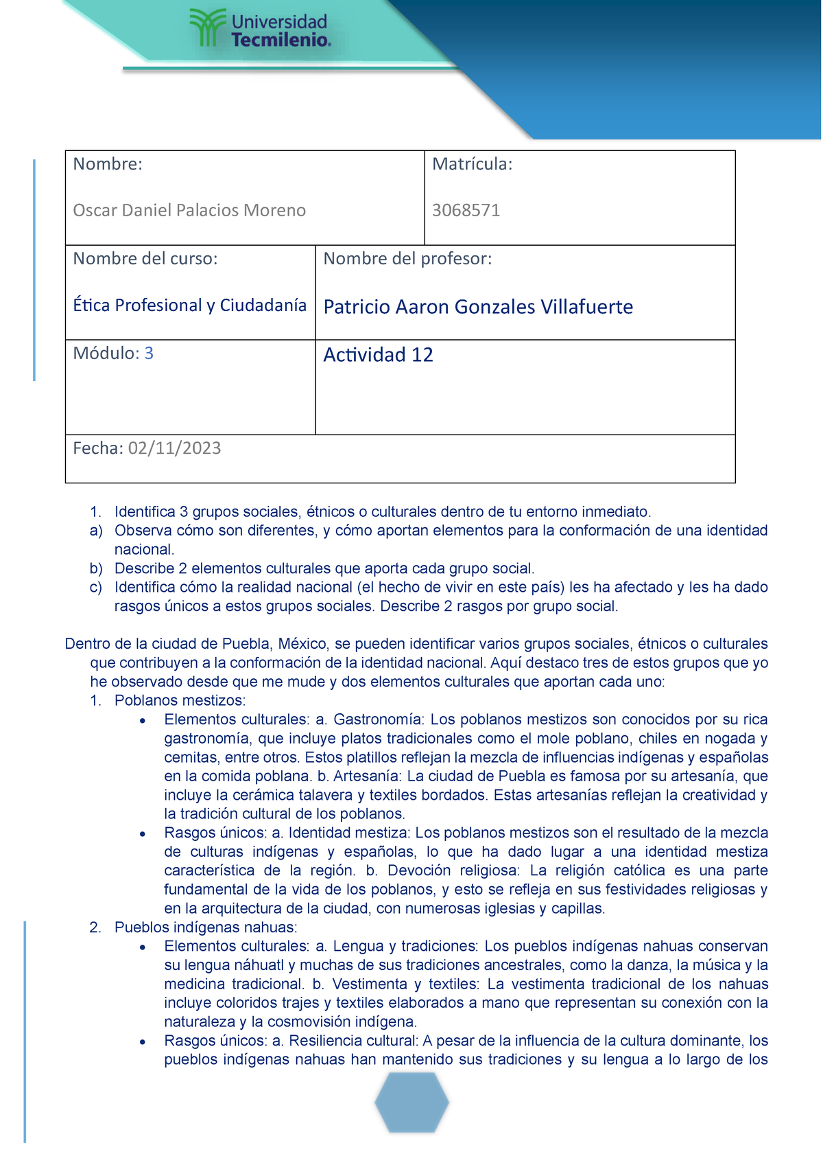 Actividad 12 Ética Profesional Y Cuidadanía Nombre Oscar Daniel Palacios Moreno Matrícula 5311