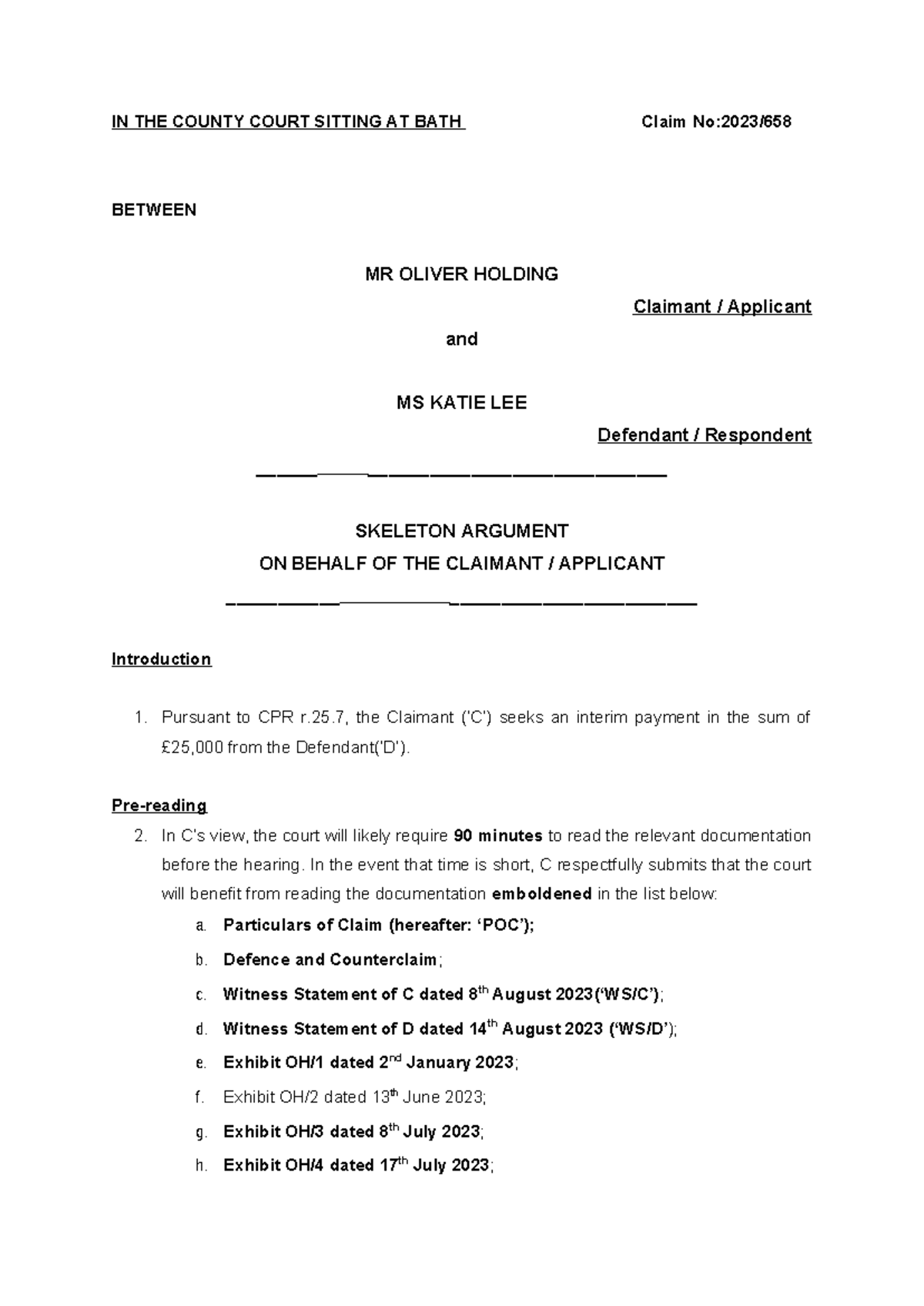 Skeleton ARG OHKL - IN THE COUNTY COURT SITTING AT BATH Claim No:2023 ...