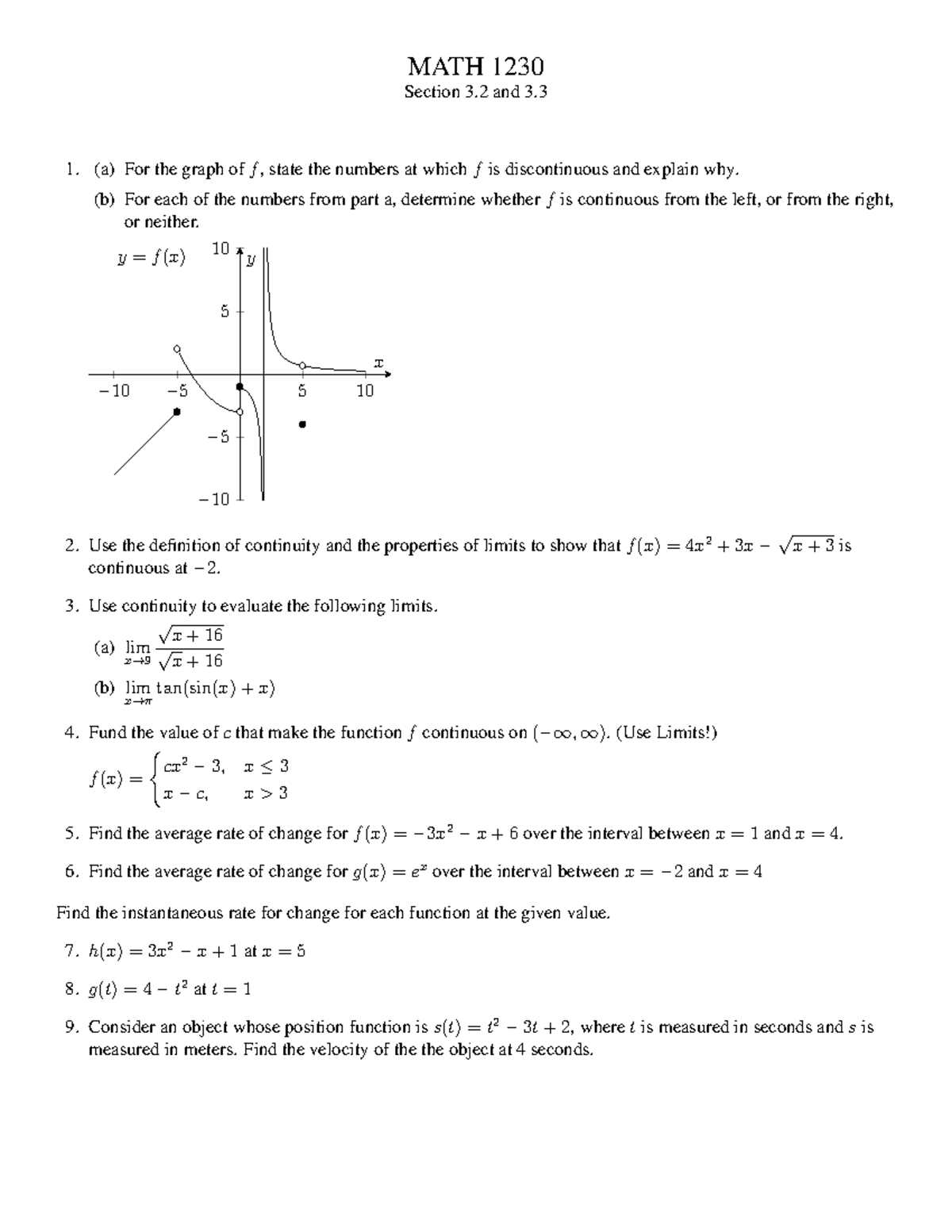 1230 Worksheet 3.2 and 3.3 Solutions - MATH 1230 Section 3 and 3. (a ...