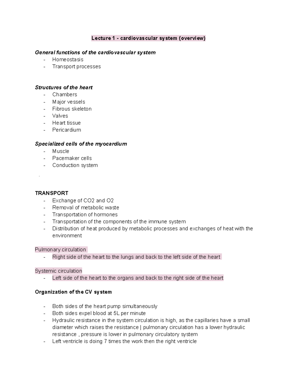 Physiology lecture notes - Lecture 1 - cardiovascular system (overview ...