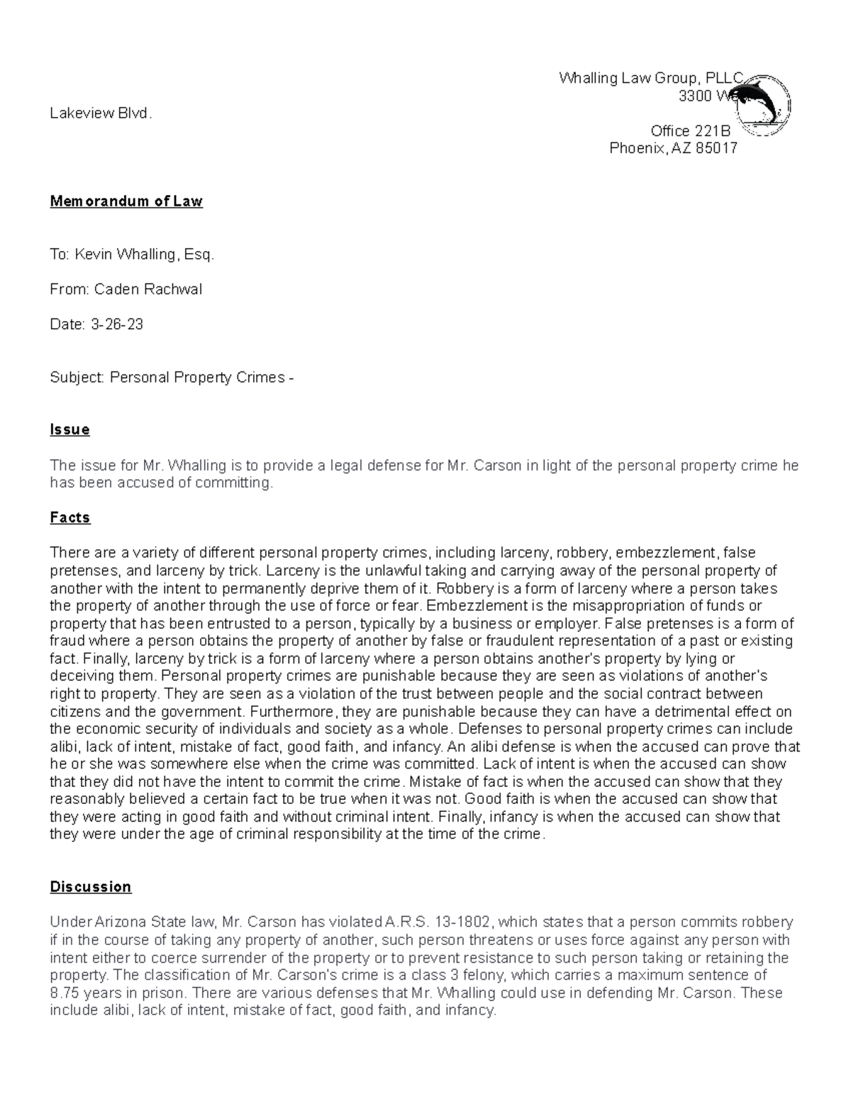 criminal law memorandum of law assignment