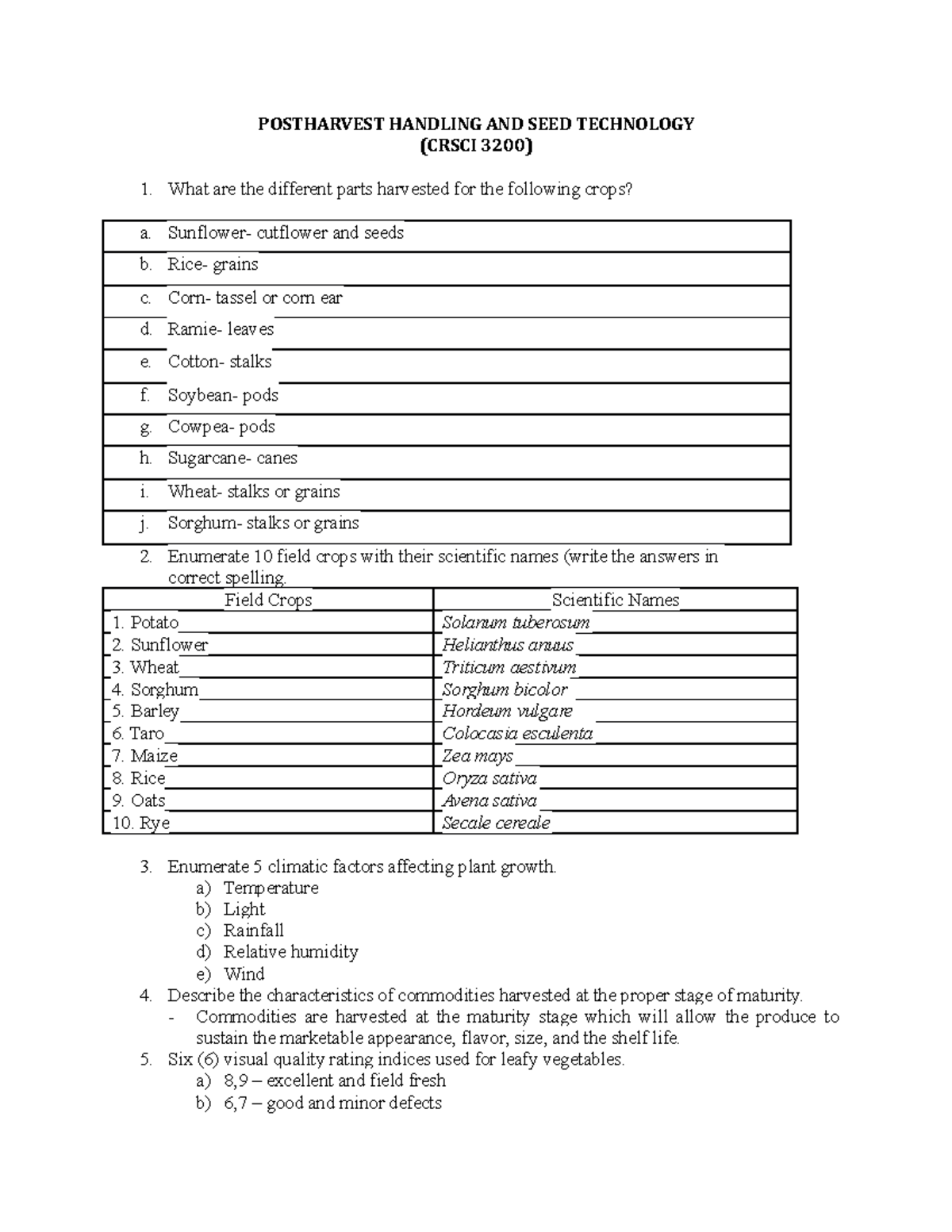 Lab Quiz Postharvest Handling AND SEED Technology - POSTHARVEST ...