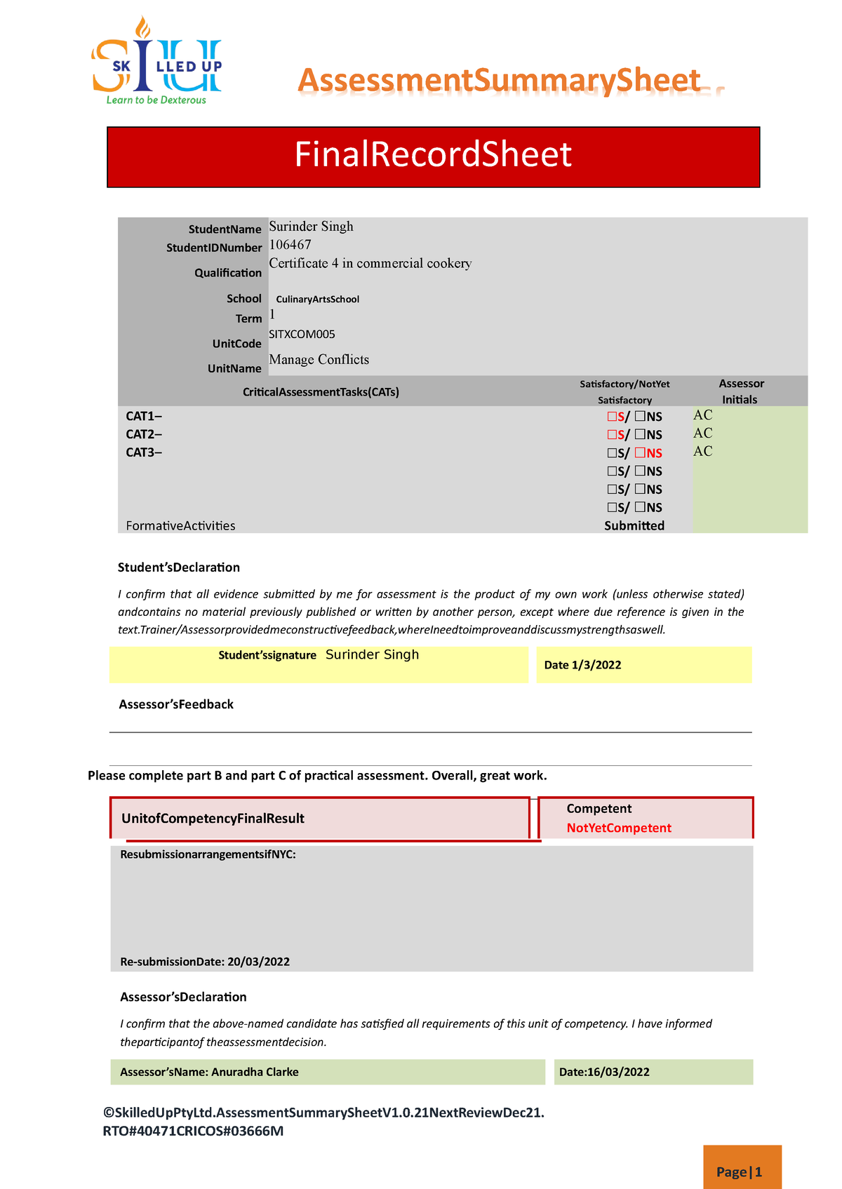 Marked NS Surinder Singh Sitxcom 005 - Student Assessment Workbook ...