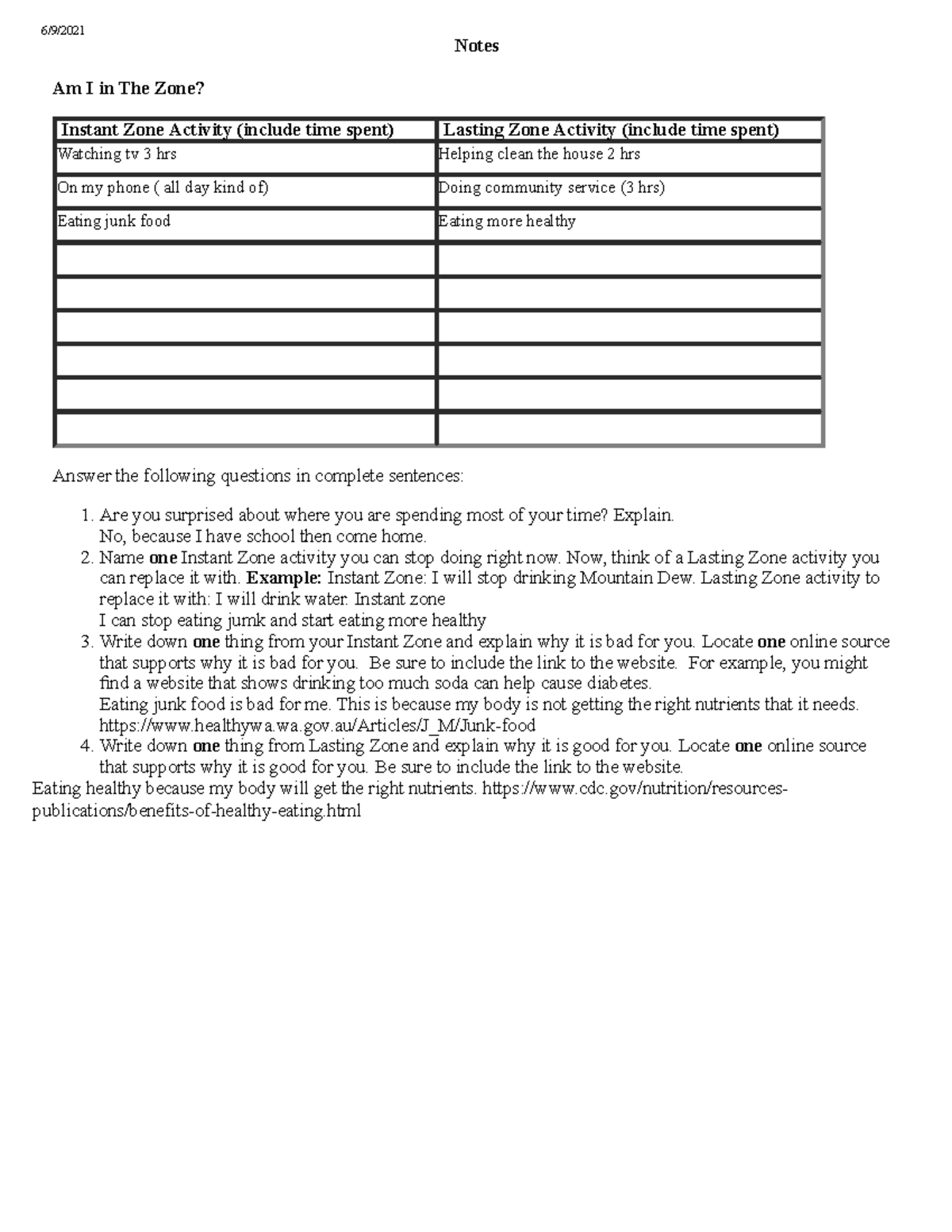 Chart nhsnshh 6/9/ Notes Am I in The Zone? Instant Zone Activity