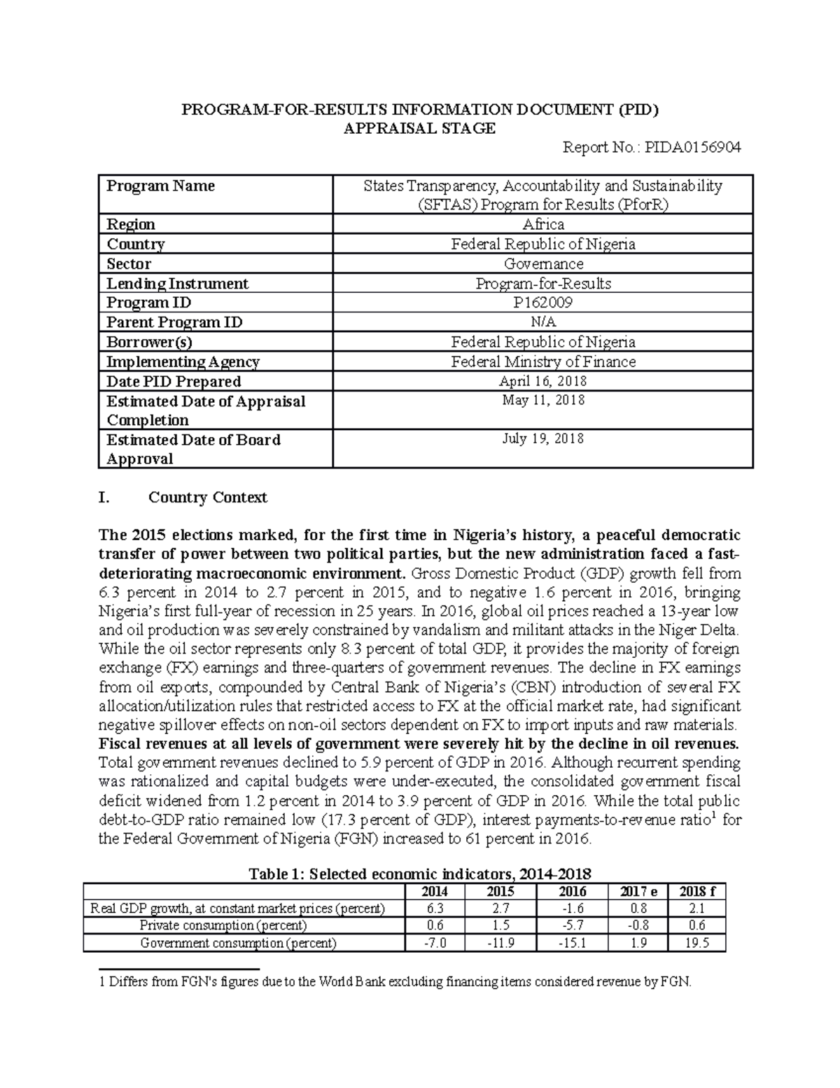 P162009 Nigeria Sftas Pfor R Appraisal Stage PID - PROGRAM-FOR-RESULTS ...