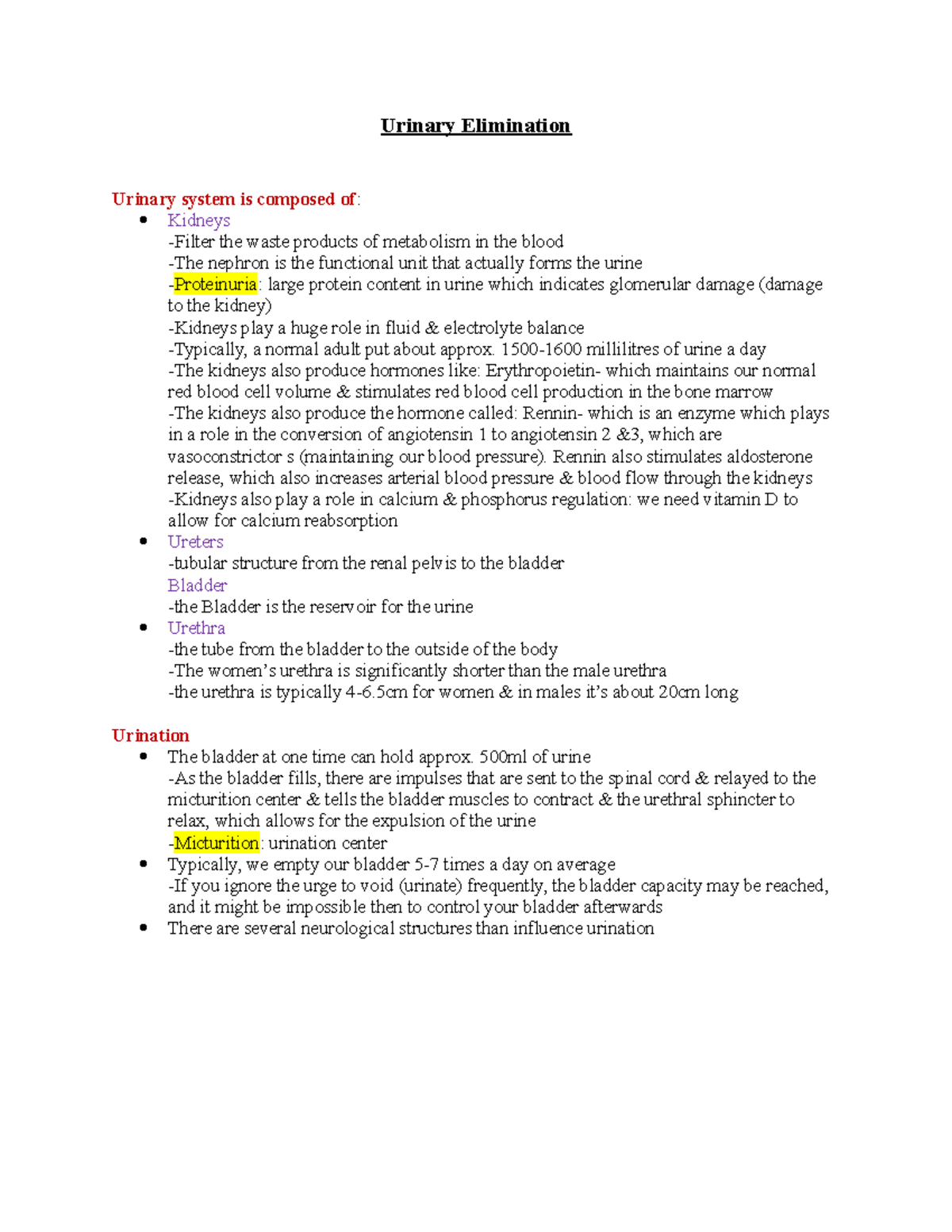Urinary Elimination lec notes Urinary Elimination Urinary system is