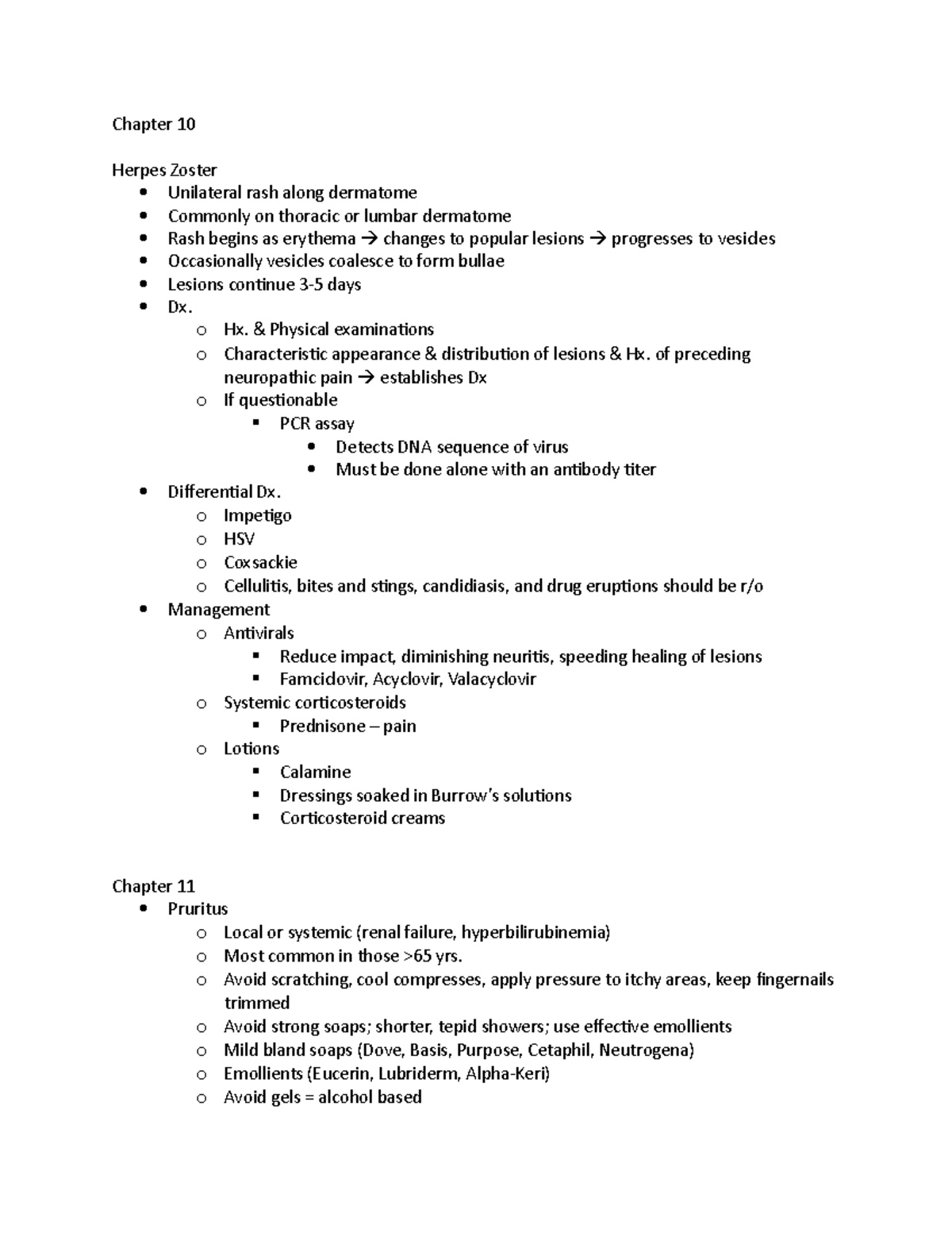 Midterm study guide - Chapter 10 Herpes Zoster Unilateral rash along ...