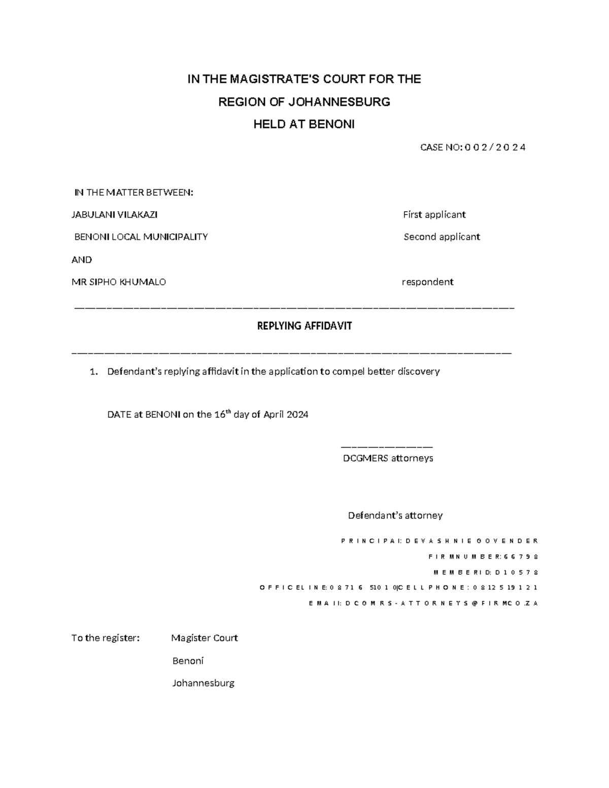 Replying affidavit - Summary Law of Property - IN THE MAGISTRATE'S ...