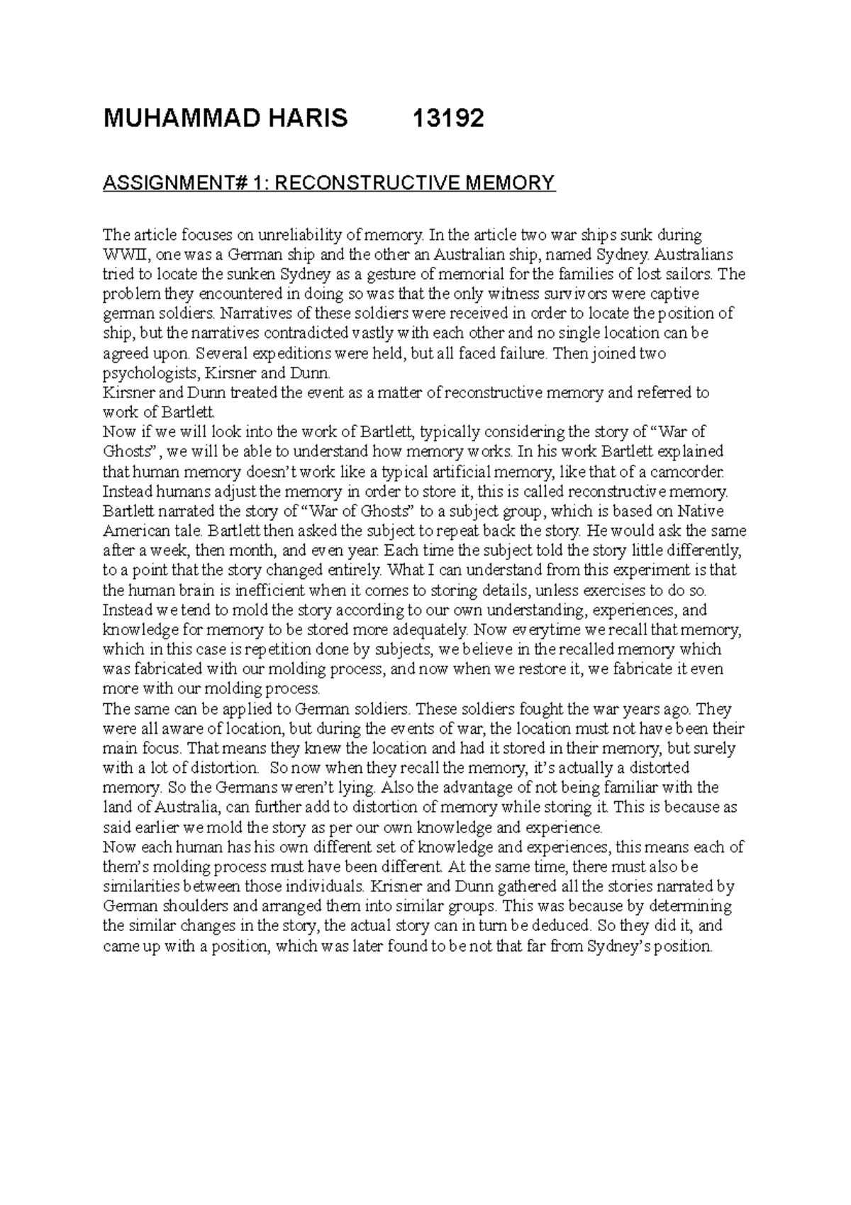 Reconstructive Memory - MUHAMMAD HARIS 13192 ASSIGNMENT# 1 ...