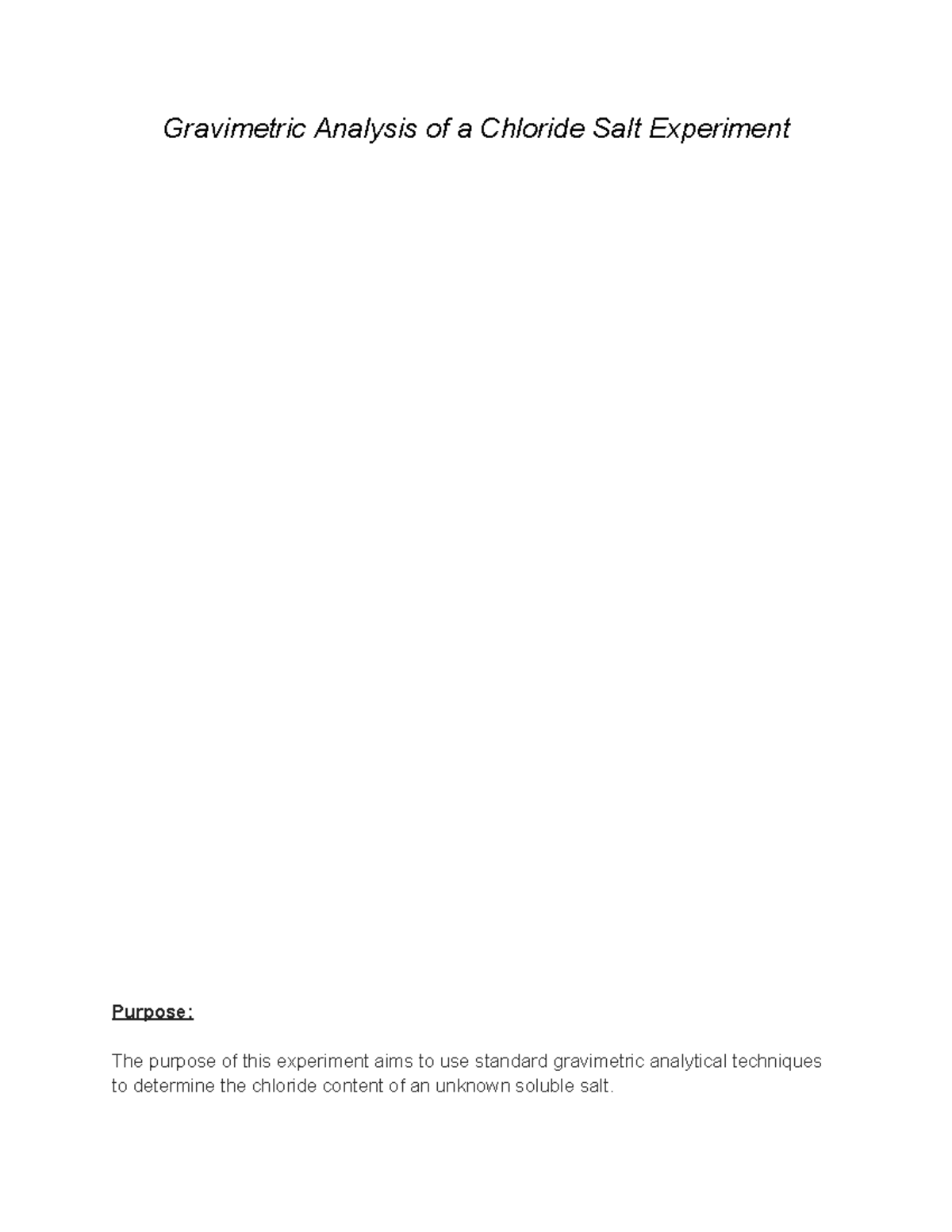 G PRE LAB - Gravimetric Analysis of a Chloride Salt Experiment Purpose ...