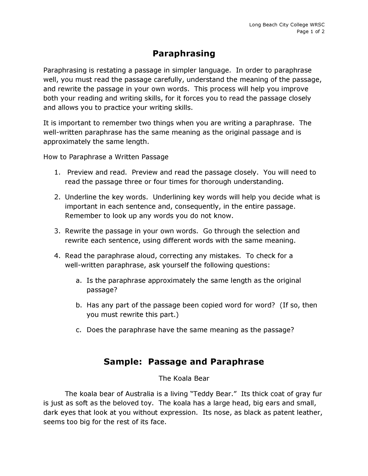 Paraphrasing - for students - Long Beach City College WRSC Page 1 of 2 ...