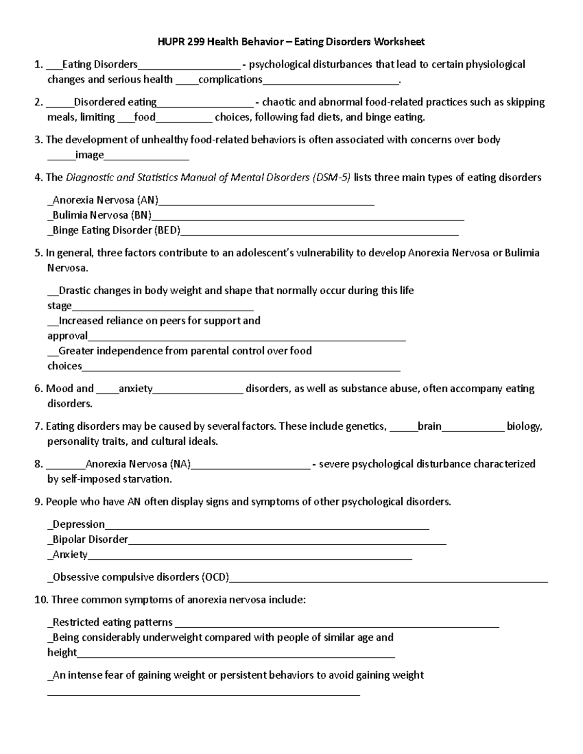 4 - Eating Disorders Worksheet - HUPR 299 Health Behavior – Eating ...