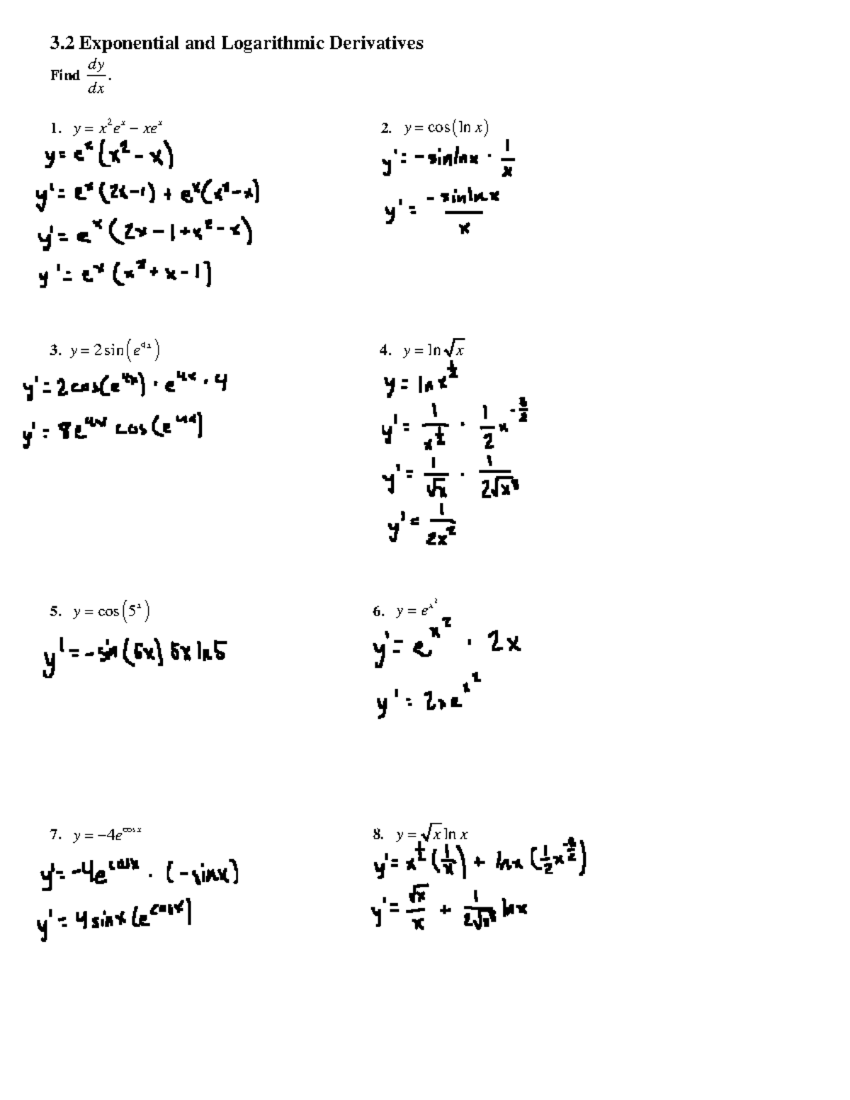 3.2 Exp and Log Wkst 3 Exponential and Logarithmic Derivatives Find