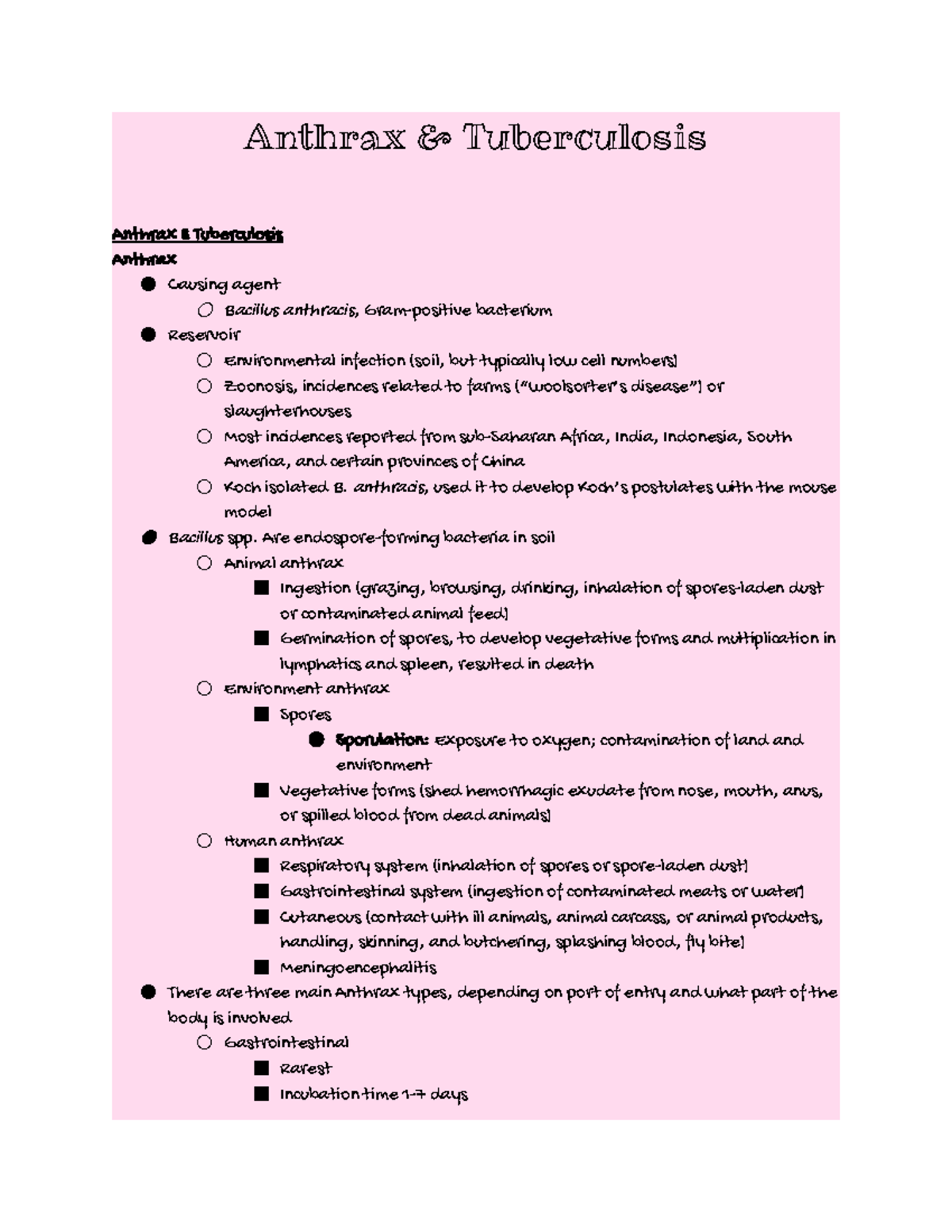 Anthrax Tuberculosis - Lecture notes - Anthrax & Tuberculosis Anthrax ...