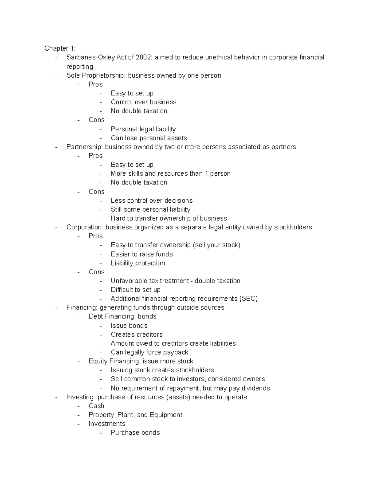 Accounting Chapter 1 Notes - Chapter 1: - Sarbanes-Oxley Act of 2002 ...