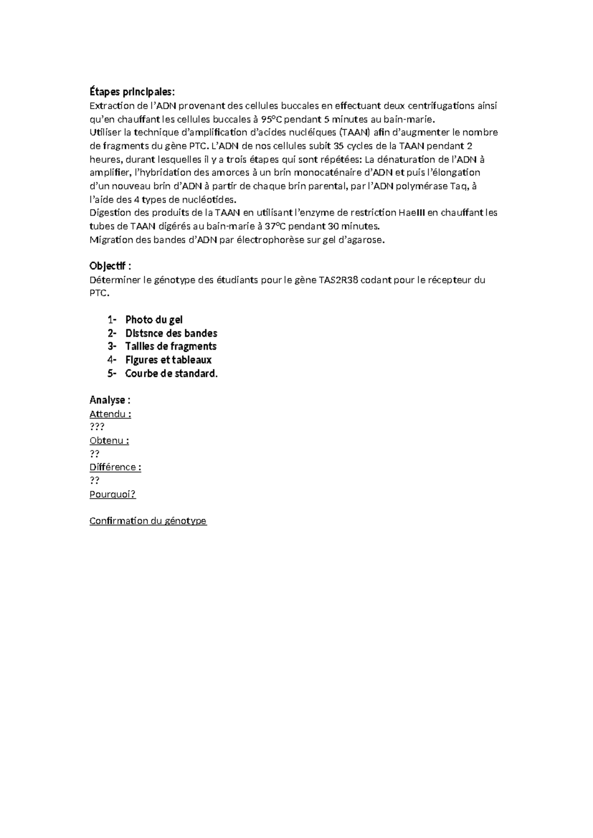 Labo PTC bio - Labo PTC - Étapes principales: Extraction de l’ADN ...