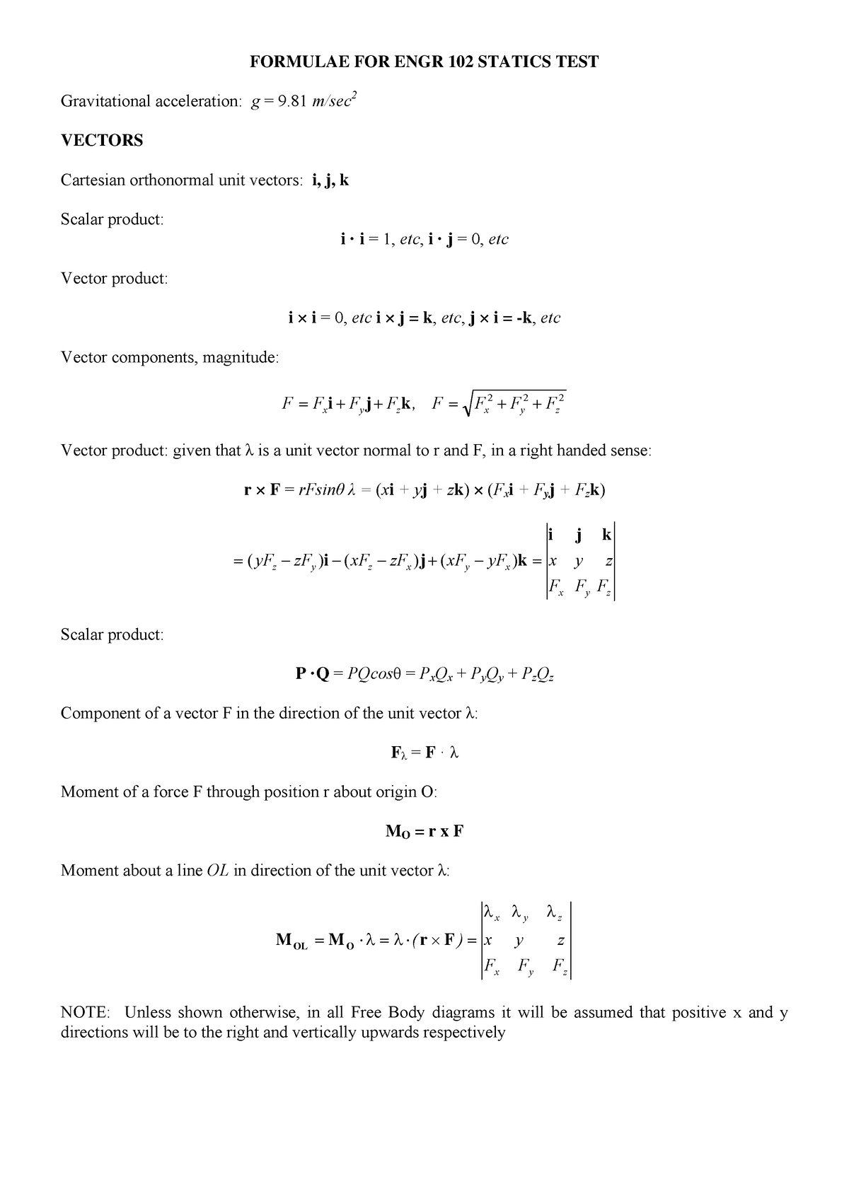 2010 Formula Sheet - FORMULAE FOR ENGR 102 STATICS TEST Gravitational ...