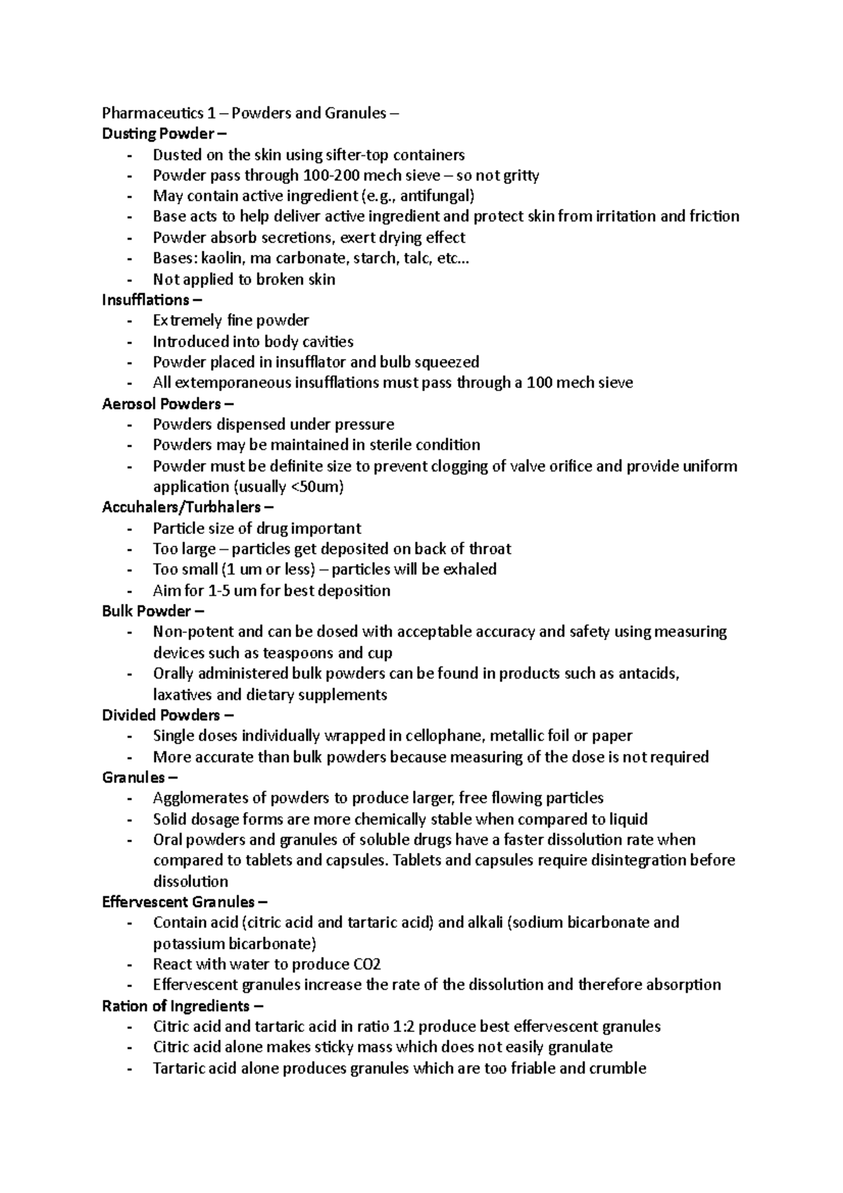 PHAR2203 Notes Lectures 1315 Pharmaceutics 1 Powders and Granules