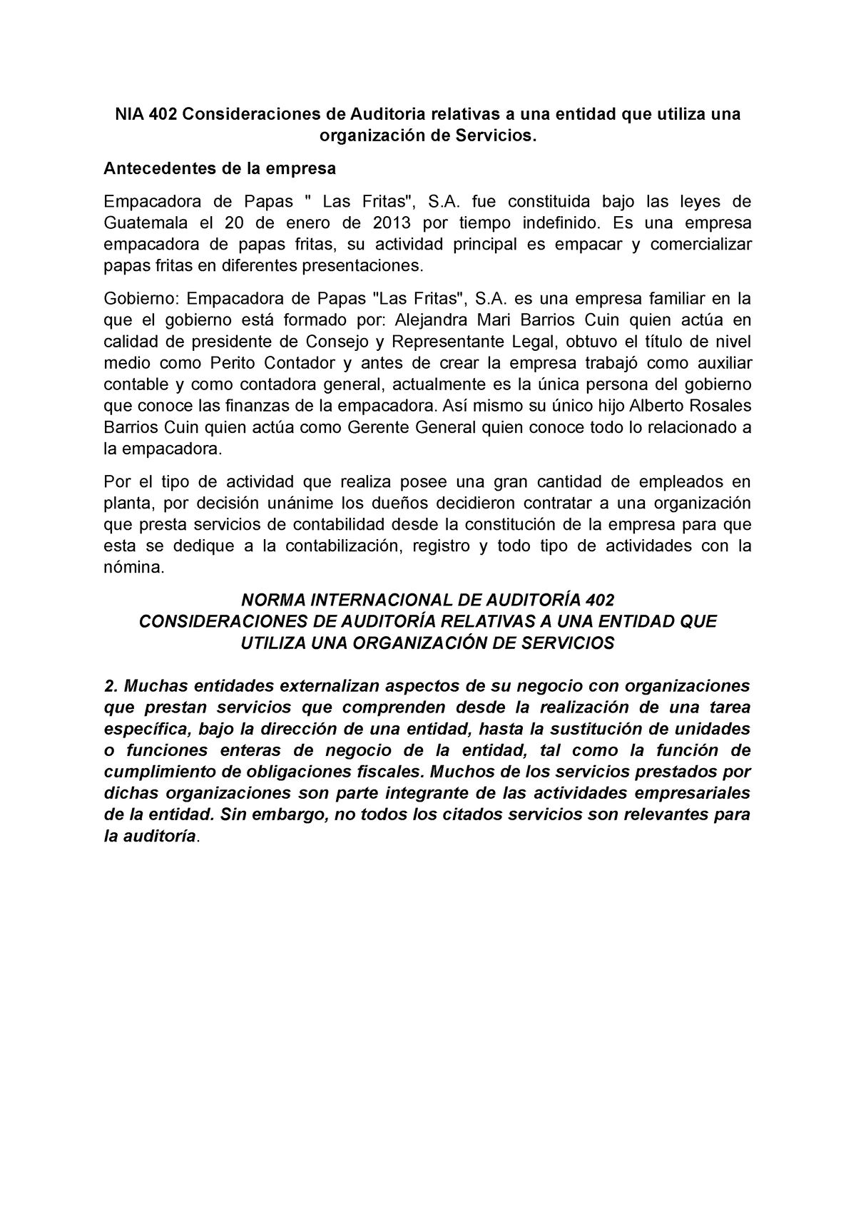 NIA 402 - CAso practico - NIA 402 Consideraciones de Auditoria ...