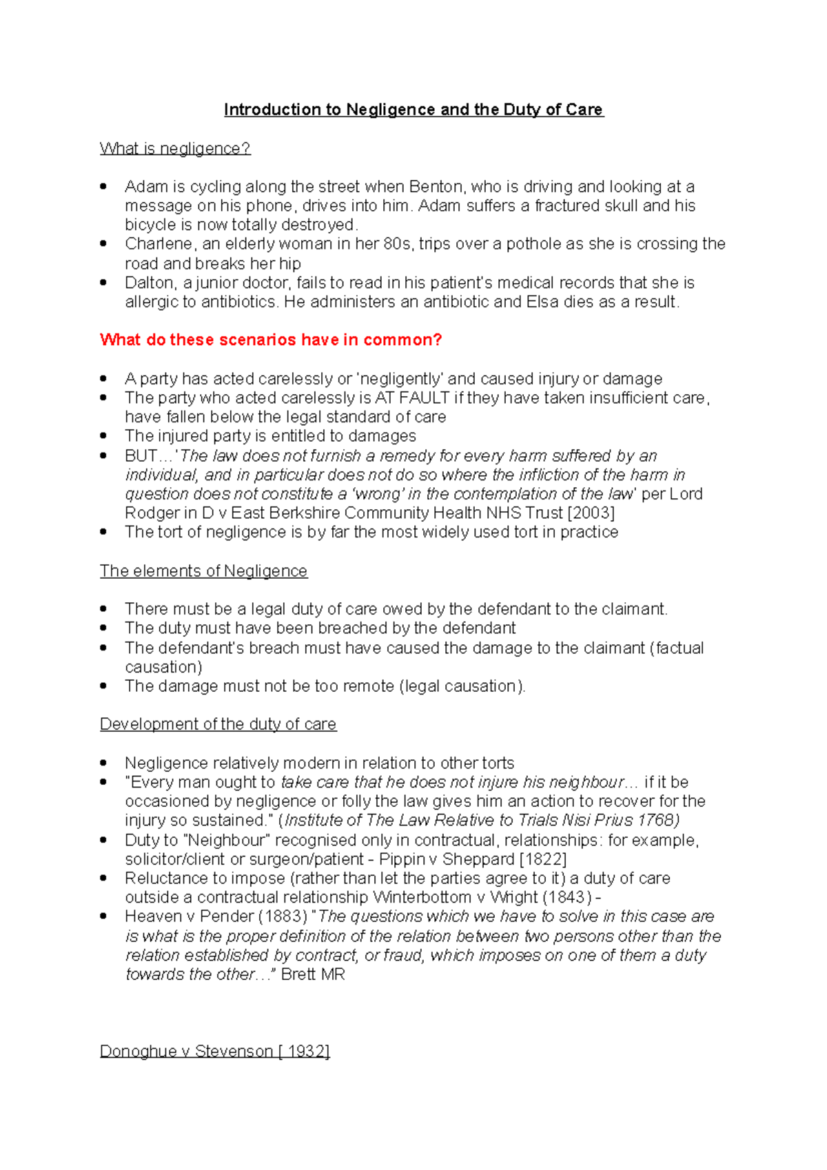Introduction to Negligence and the Duty of Care - Adam suffers a ...