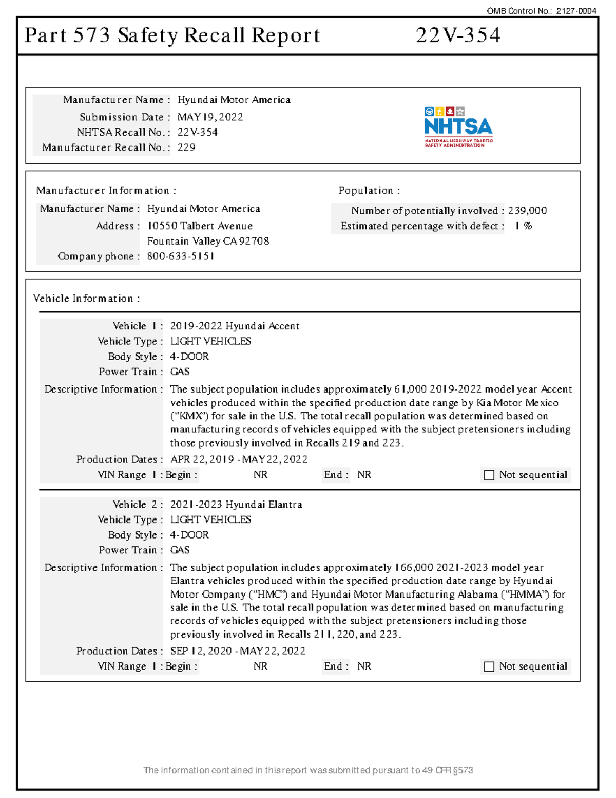 Rclrpt-22V354-9112 - Asds - OMB Control No.: Part 573 Safety Recall ...