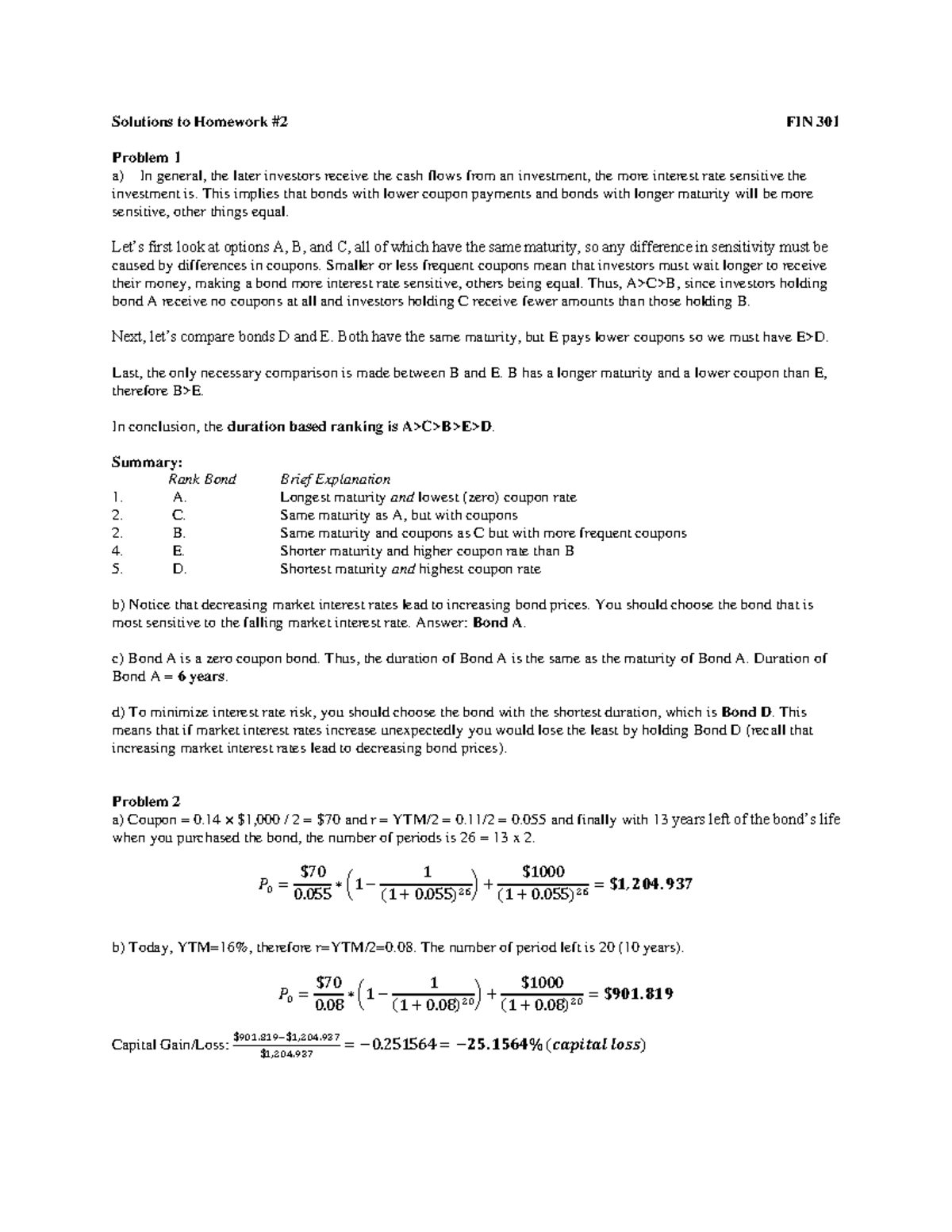 Homework 2, Solutions - Solutions To Homework #2 FIN 301 Problem 1 A ...