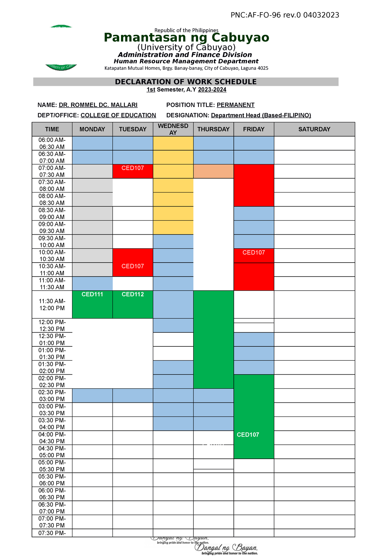 PNC AF FO 96 Declaration of Work Schedule PNCAFFO96 rev 04032023