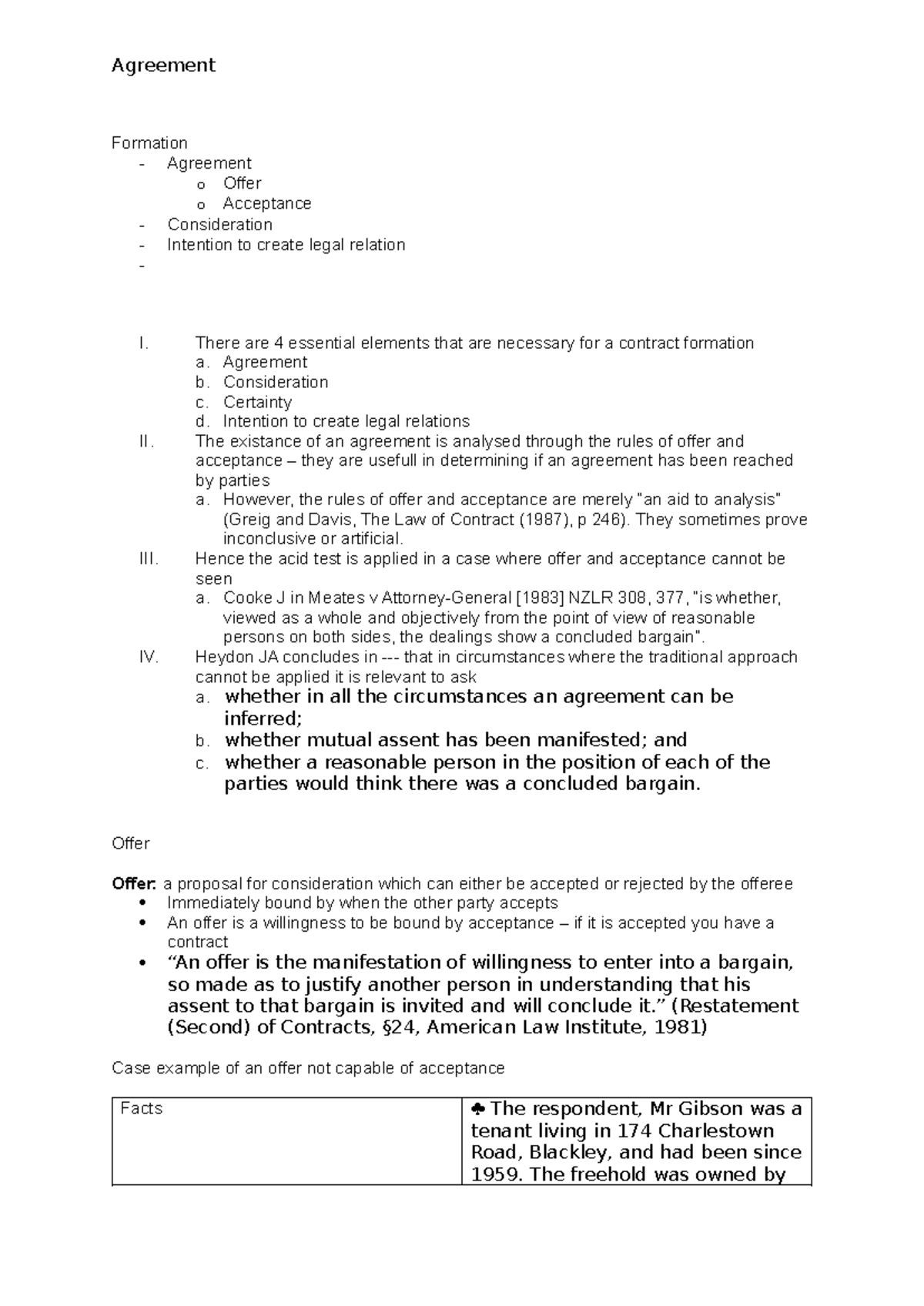 Ppl notes - Formation - Agreement o Offer o Acceptance - Consideration ...