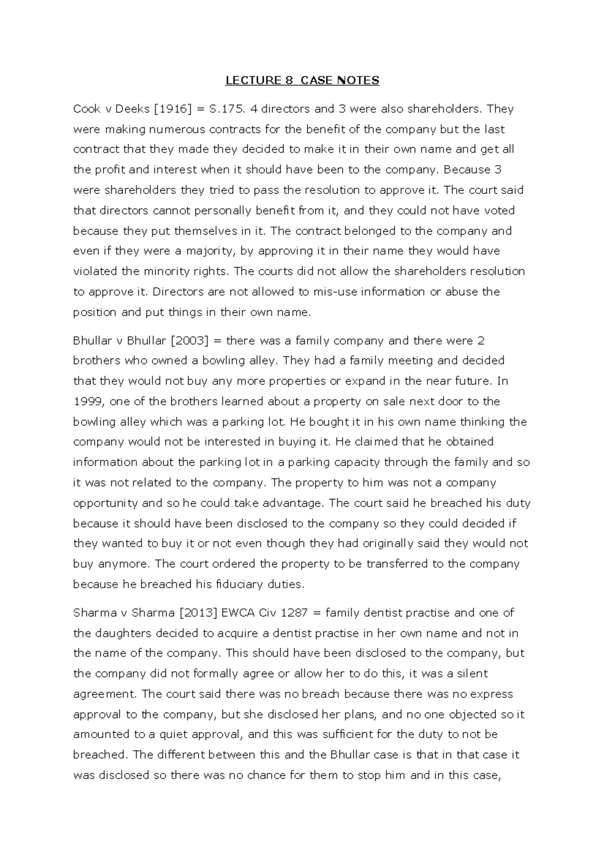 Director's duties s.175 LECTURE 8 CASE NOTES Cook v Deeks [1916