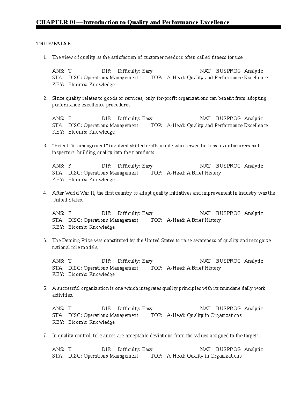 Evans 7e Chapter 01 Test - CHAPTER 01—Introduction to Quality and ...
