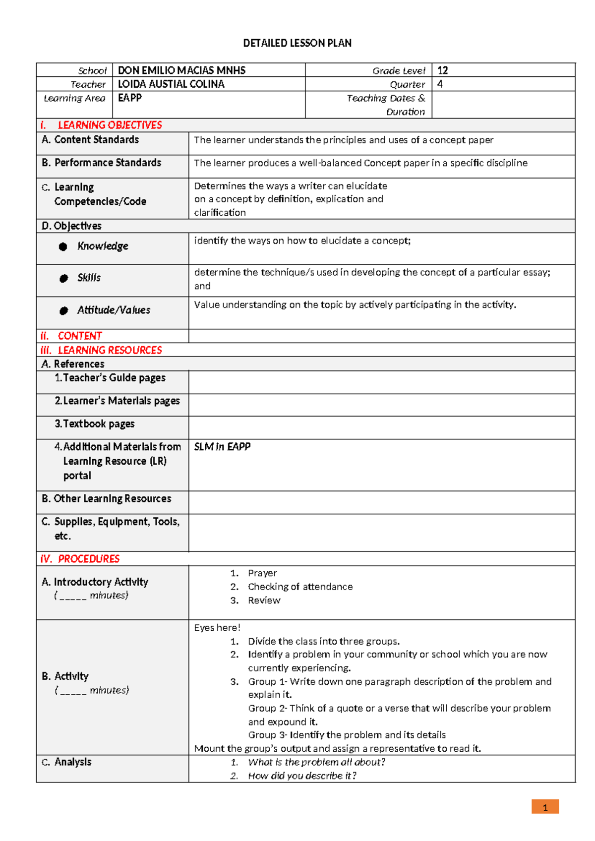 ELUCIDATING A CONCEPT - DETAILED LESSON PLAN School DON EMILIO MACIAS ...