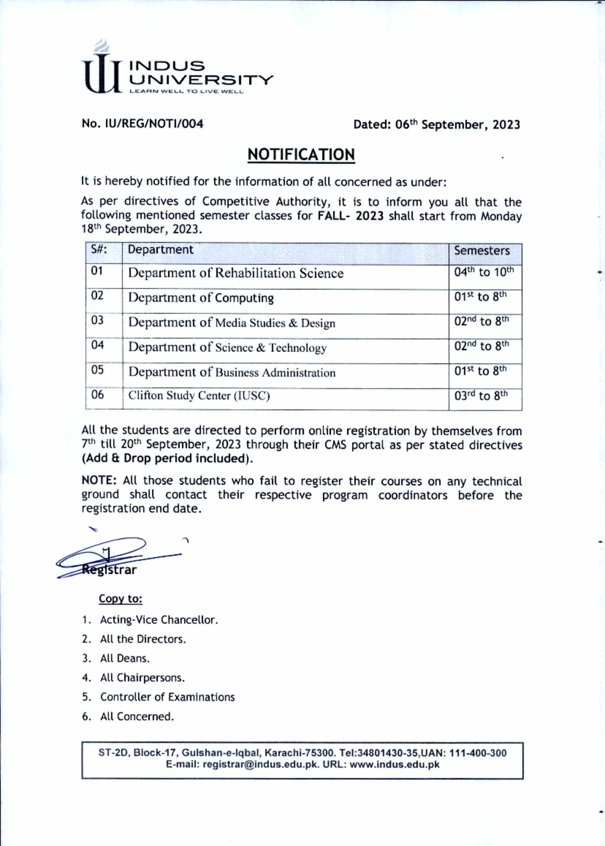 Notification Regarding Online Registration - INDUS UNIVERSITY LEAF-41\1 ...