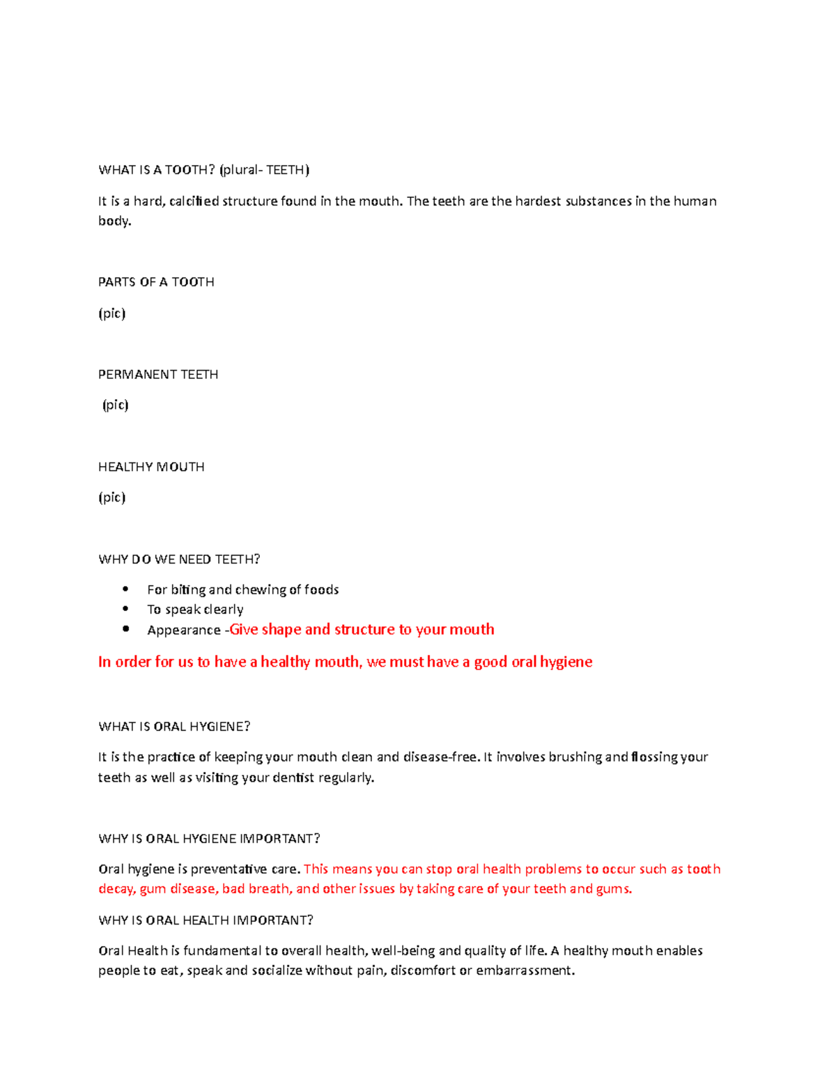 OH Lecture- Edited Final simplified - WHAT IS A TOOTH? (plural- TEETH ...