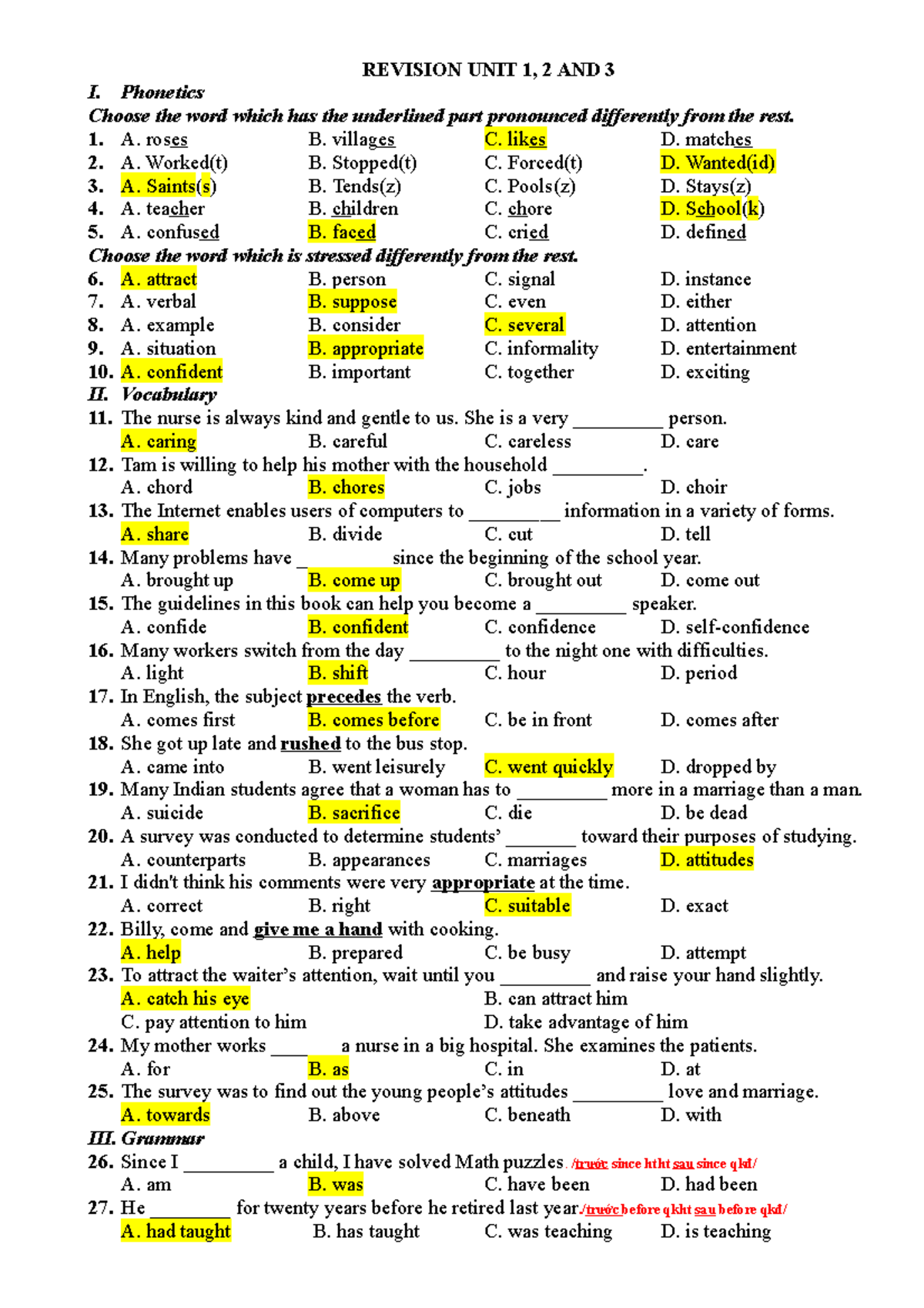 Tiếng Anh Cơ Bản - ... - REVISION UNIT 1, 2 AND 3 I. Phonetics Choose ...