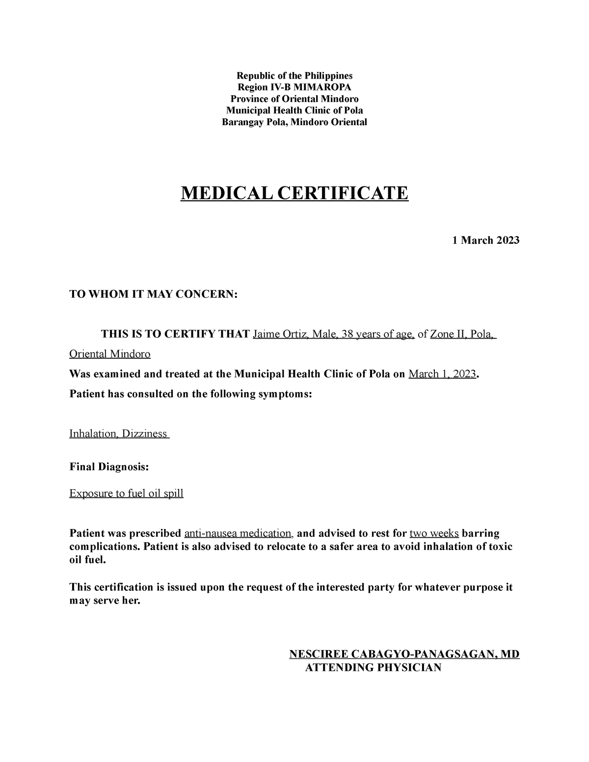 Medical Certificate Patient 2 - Republic of the Philippines Region IV-B ...