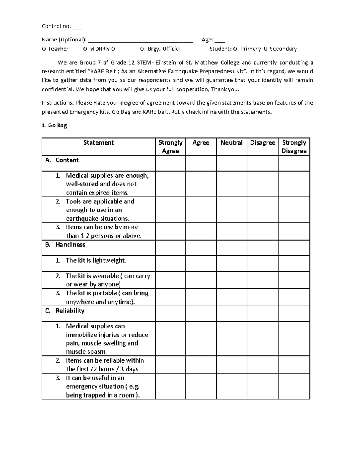 Survey-questionnaire - Control no. ___ Name (Optional