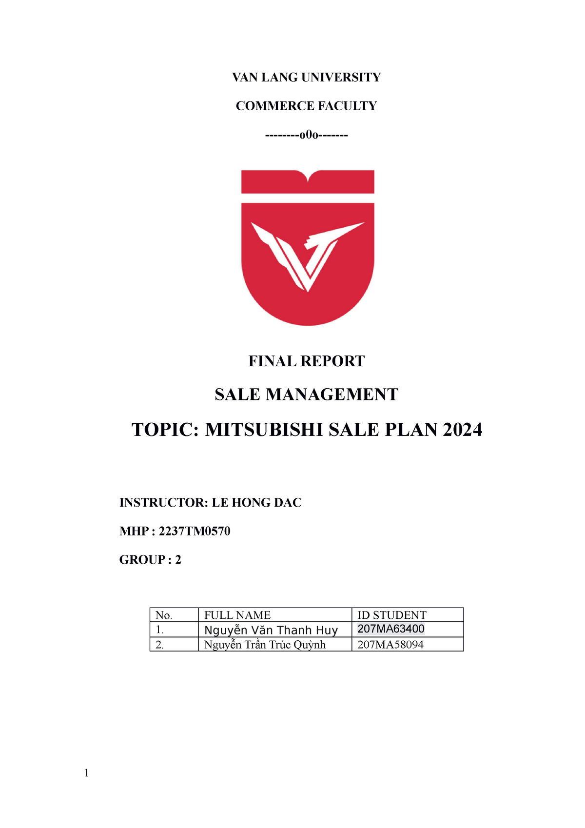 SALE Management Final EXAM Mitsubishi SALE PLAN 2024 1 VAN LANG   Thumb 1200 1698 