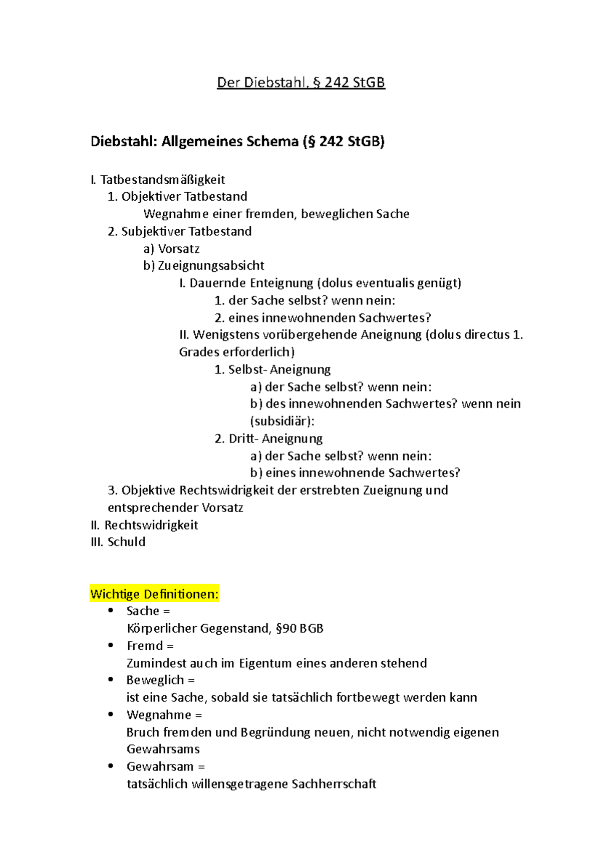 Der Diebstahl - Schemata - Der Diebstahl, § 242 StGB Diebstahl ...